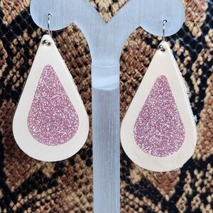 Sparkling Pink Handmade Leather Teardrop Earrings